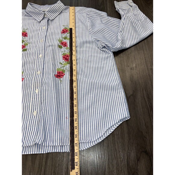 Vintage 90s BonWorth Blue White Vertical Stripe Flower Embroidered Top Sz XL - Picture 7 of 13